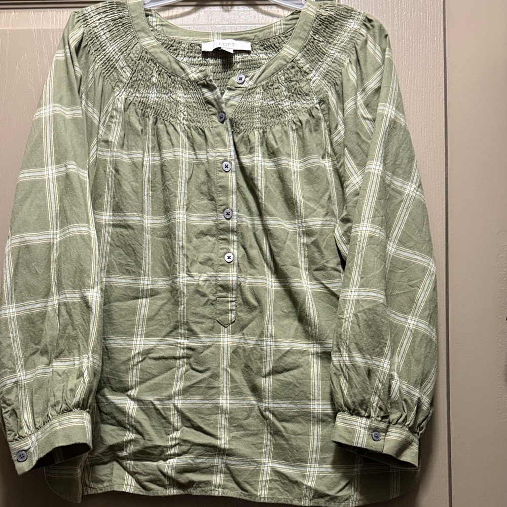 LOFT Olive Plaid Button-Up Shirt